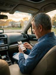 An agent editing his website on his phone in his car